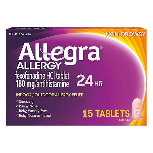 Image for Allegra Allergy Relief, Indoor/Outdoor, Non-Drowsy, 24 Hrs, Tablets,15ea from JOSEPH PHARMACY
